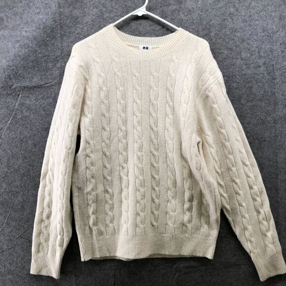 Uniqlo Souffle Yarn Cable Knit Crewneck Sweater Mens S Ivory With Wool Relaxed - Picture 1 of 9